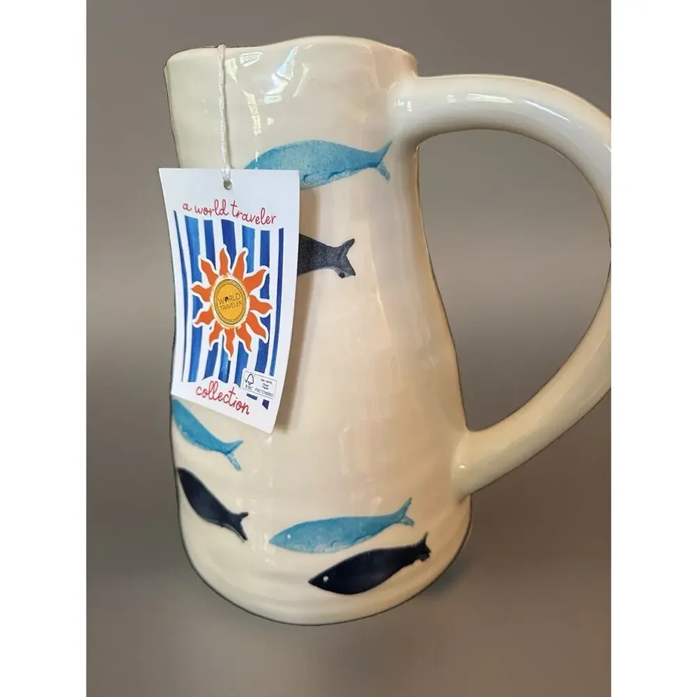 New White Pitcher Cobalt & Aqua Blue Sardine Fish Motif Handmade In Portugal 9”